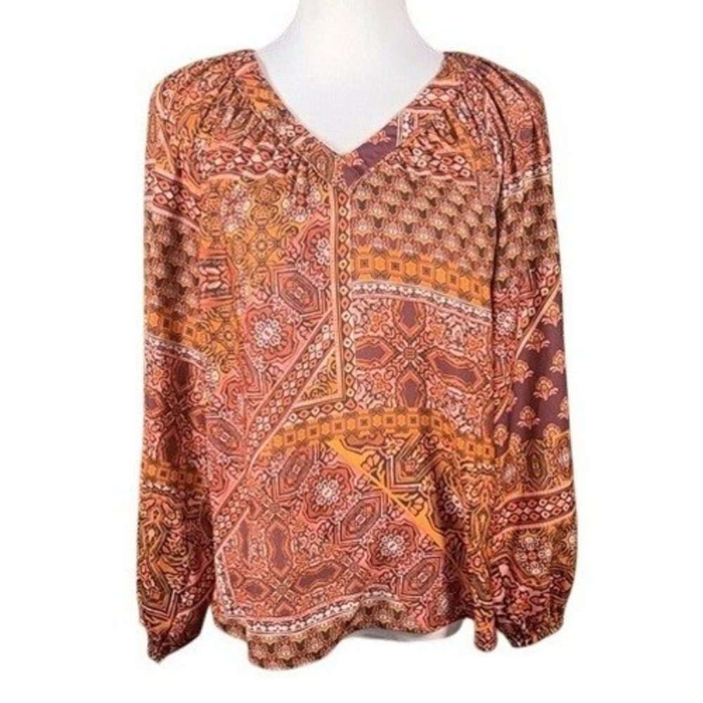 Democracy Top Womens M B3328AW5E Orange Geometric Patchwork Long Sleeve‎ Blouse